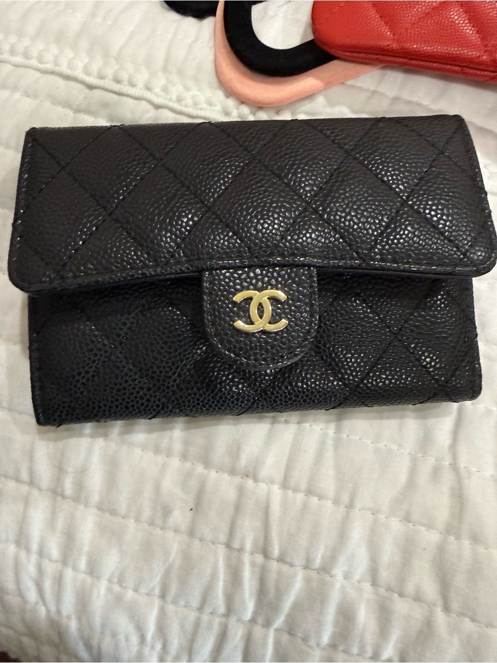 Inspired Black Quilted Caviar Leather Wallet with Gold Logo and date code